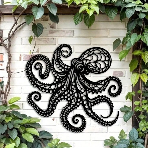 Large black octopus metal wall - black,